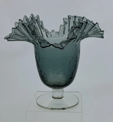 Early Pre-Designer Blenko Handmade Glass 388 Crimp Top Bell Vase in Charcoal