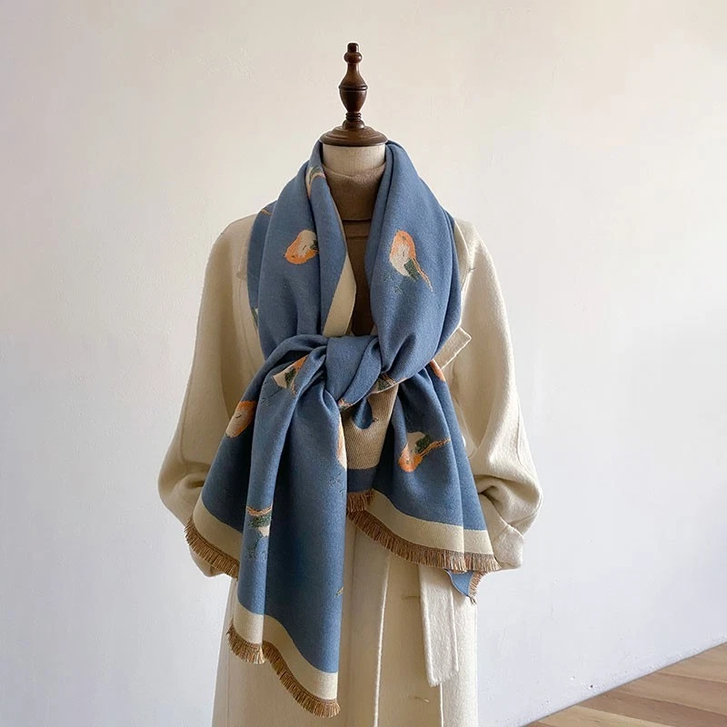 Lujosa bufanda chal tejida de lana con motivo de pájaro unisex envoltura de invierno Foto 4 de 4