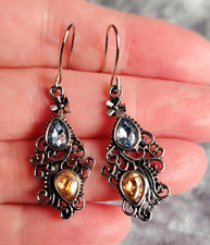 Bohemian Blue & Yellow Teardrop Cubic Zirconia Filigree Dangle Hook Earrings