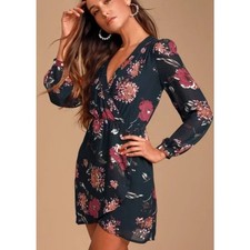 LULU'S Pretty Pretender Mini Dress XS Navy Blue Floral Print Long Sleeve NWT