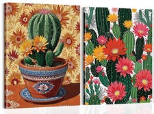 Framed Vintage Cactus Wall Art, Set of 2 Desert Floral Canvas Prints, Southwe...