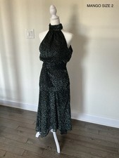 MANGO NWT Black Velvet Polka Dot Halter Midi Dress Teal Green Velvet Dots Size 2