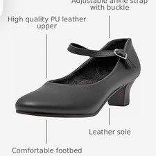 Black PU Leather Character Dance Shoes with Adjustable Ankle Strap for Women