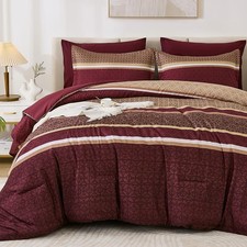 King Size Burgundy Comforter Set 7 Piece Striped Bed in a Bag Microfiber
