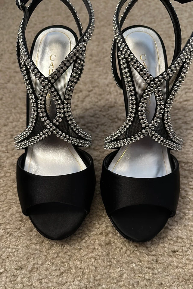 Caparros Women’s Eldorado Open Toe Black Satin Sandals w. Mesh Crystals Size 7.5 - Image 2 of 4