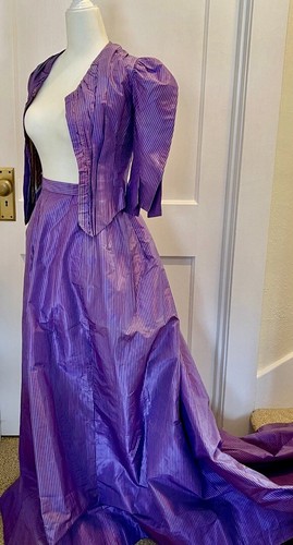 Antique Victorian Bustle Gown 1880s Two-Piece Purple Taffeta Dress Bodice Train - Picture 3 of 12