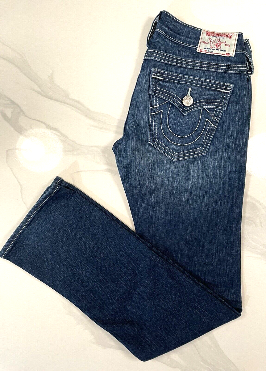 True Religion Billy Womens Denim Blue Jeans Straight Low Rise Dark