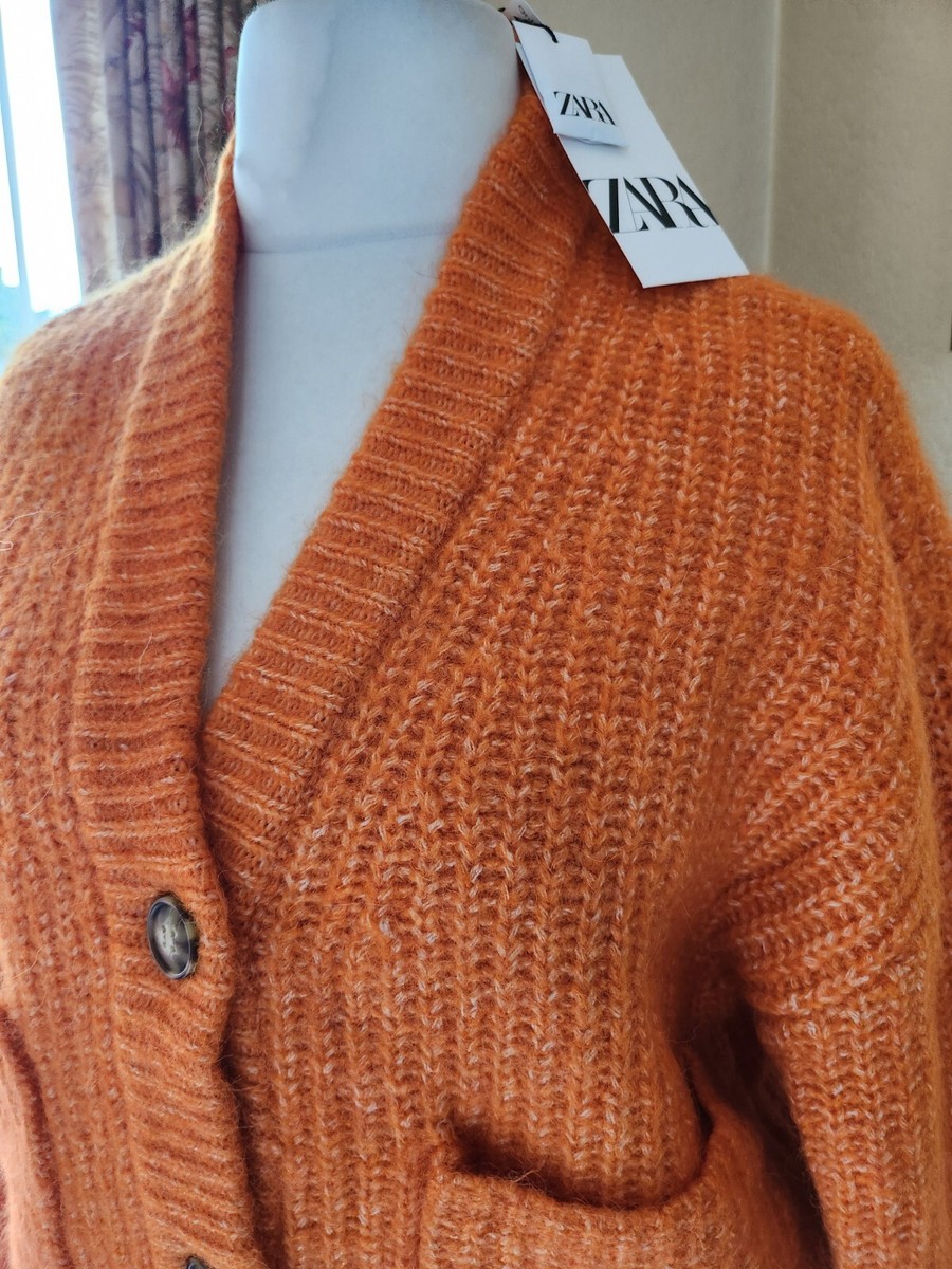 ORANGE CHUNKY KNIT POCKET CARDIGAN FR0M ZARA SIZE S OVERSIZED WOOL