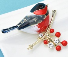 Vintage Style Enamel Red Robin Diamante BROOCH Faux Crystal Broach Bird UK Store