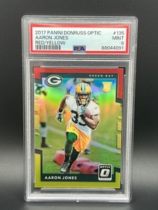 2017 DONRUSS OPTIC #135 AARON JONES RED/YELLOW PRIZM ROOKIE PSA 9 MINT PACKERS