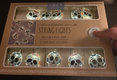 NWT HALLOWEEN LOFT Colorful SKELETONS FACE Colors 10 Ft LED Light SET TIMER RARE