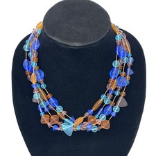 VTG Sea Tumbled Glass Bead 20" Necklace w/ Brass Chain Clasp - Blue Orange Pink