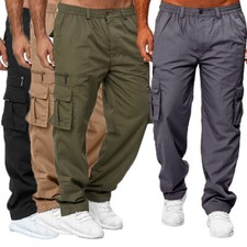 Mens Work Trousers Combat Multi Pockets Cargo Elasticated Stretch Waist Pants US
