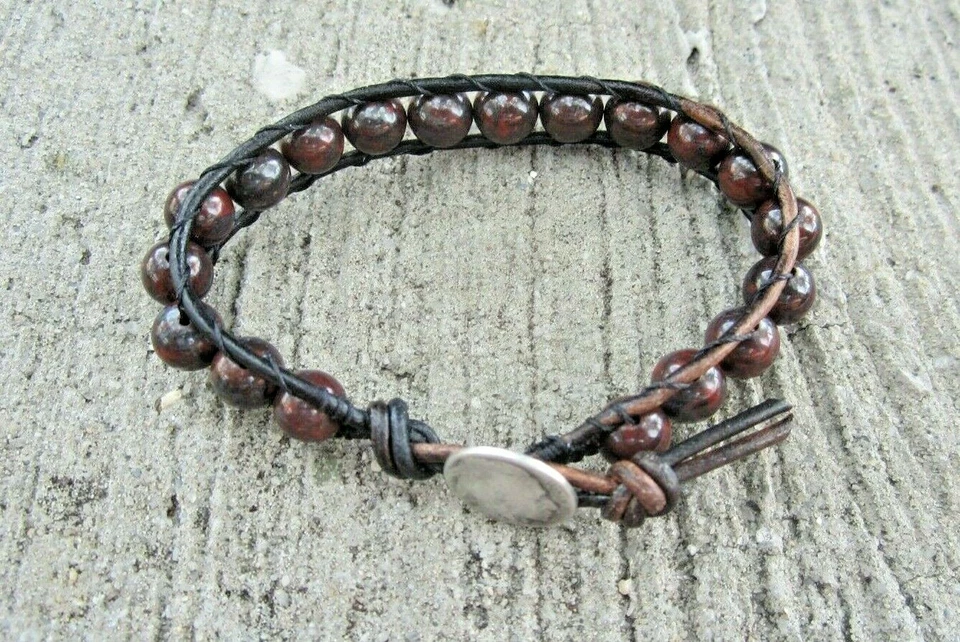 Great Gift Men's Tribal Surf Blood Stone Brown Leather Bracelet w/ Indian  - Image 3 of 4