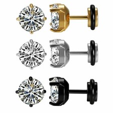 Stainless Steel White Cubic Zirconia CZ Ear Studs Earrings Screw Back Men Women