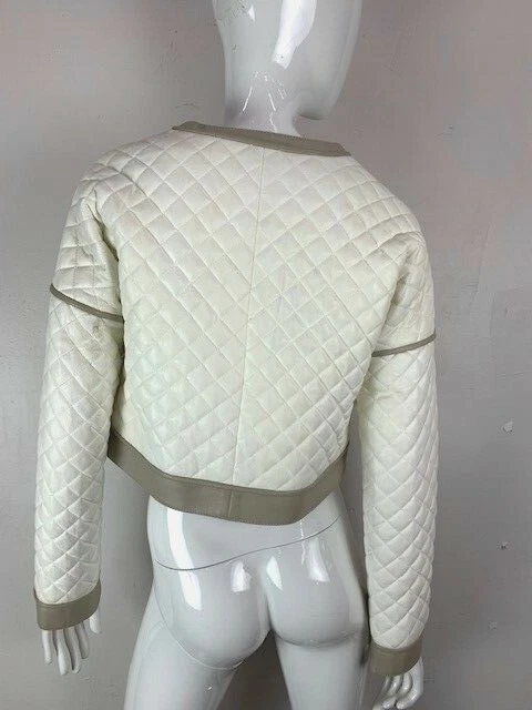  BCBG MAXAZRIA Women's Ivory & Taupe Quilted Cropped Faux Leather Jacket - Image 4 of 4