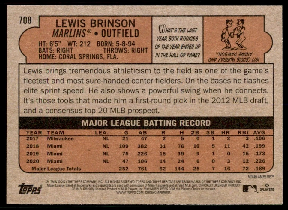 Lewis Brinson 2021 Topps Heritage High Number SP Short Print #708 Miami Marlins - Image 2 of 2