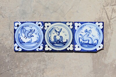 1900s Set of Three Spanish Blue and White Figural Earthenware Tiles