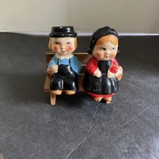 Vintage Boy and Girl Salt & Pepper Shaker Set on Wooden Bench