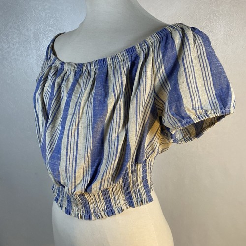 Torrid sz 00 M/L Blue Striped Off Shoulder Crop Top Linen Blend Short Sleeve NEW - Picture 5 of 11