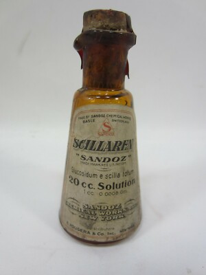 Antique ''Sandoz'' Scillaren Amber Medicine Bottle Sealed