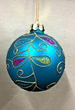 glass Christmas ornament peacock ball 70661002H 4  x 3 7/8  feathers green turq