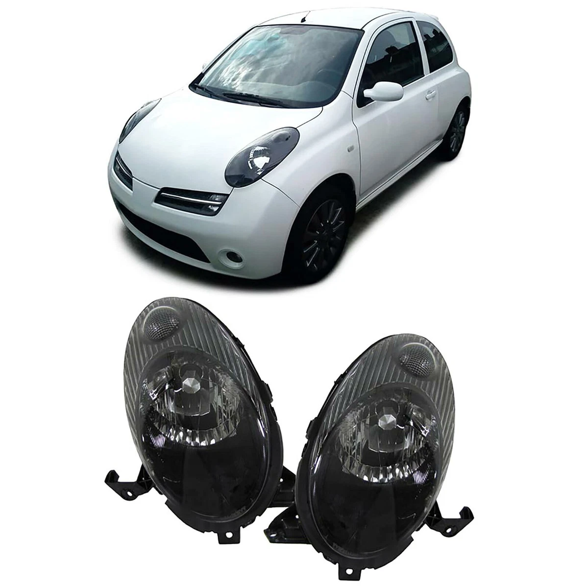 BLACK HEADLIGHTS FOR NISSAN MICRA K12 1/2003 - 5/2005 MODEL HALOGEN