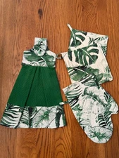 "TROPICAL LEAVES" dish towel with 2 pot holders & 1 oven mitt (4pc set )