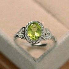 2.7 Ct Oval Cut Peridot Diamond Engagement Ring 14K White Gold Finish Size K-T