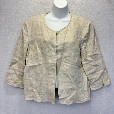 Talbots 100% Linen Textured Jacket Womens 12 Beige 3/4 Sleeve Lightweight Summer