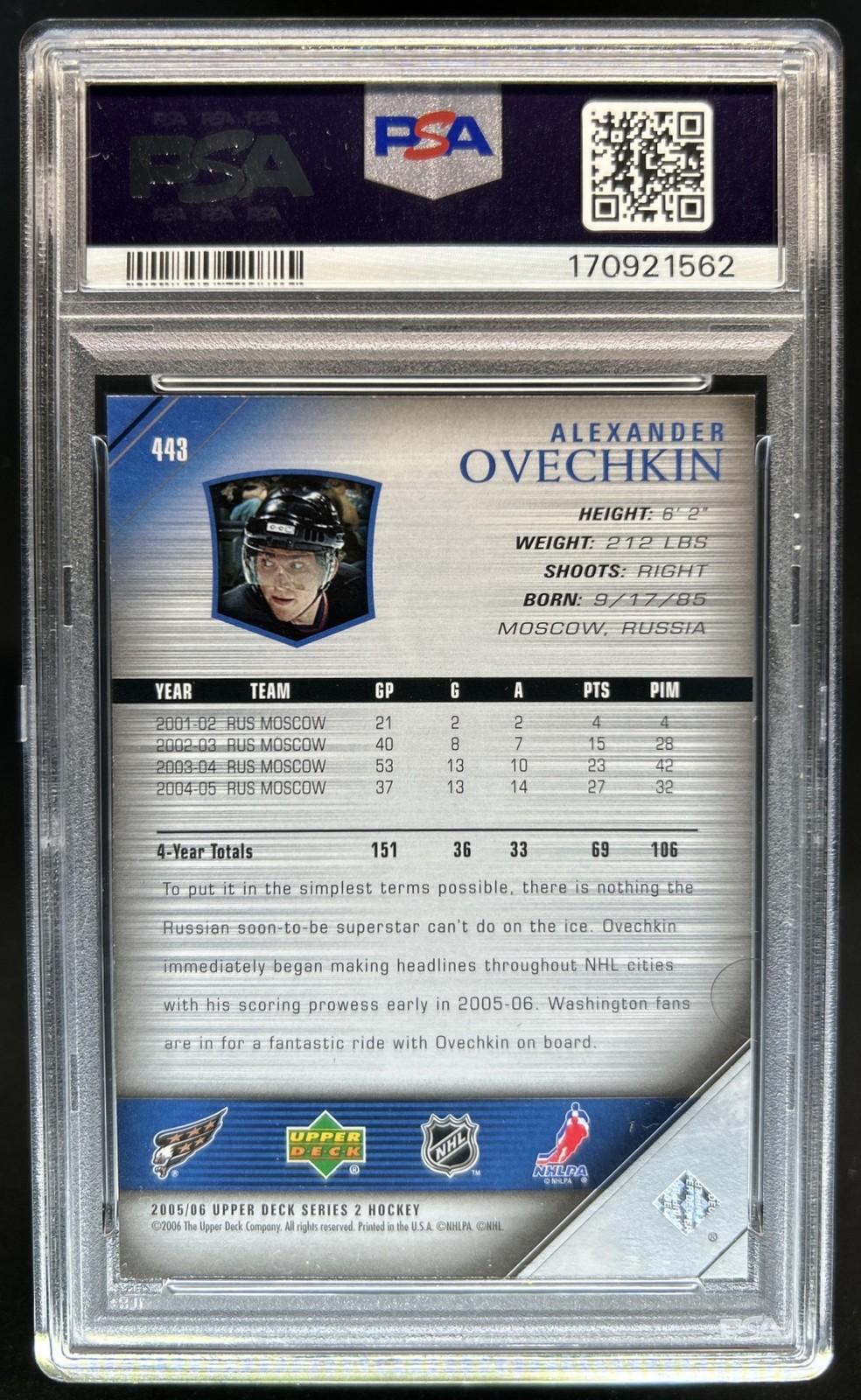 2005-06 Upper Deck Alexander Ovechkin Rookie Young Guns RC #443 Capitals PSA 10 view 2