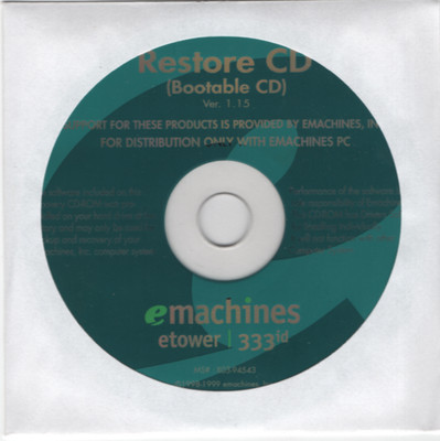 eMachines eTower 333id Drivers/Windows 98 Restore Recovery CD (1999) v1.5