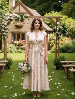 Cottage Core Champagne Pink Floral Dress Midi Cap Sleeve Fabric Rose Size 14