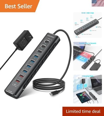10-Port Powered USB 3.2/USB C Hub 60W - Fast Charging & Data Transfer in Style