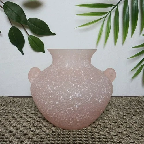 Vintage Blush Pink Murano Scavo Satin Glass Vase Pot Swirl Handle White Speckled