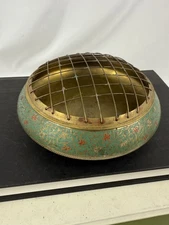 Brass Flower Frog Floral Painted Etched Vintage Green Floral Patina