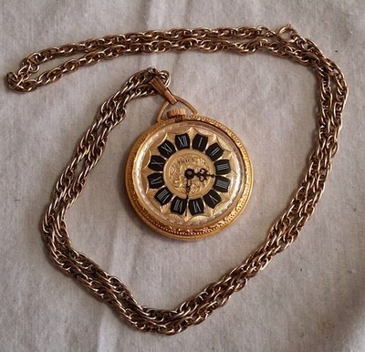 Vintage Ladies Trice Regency Style Swiss Mechanical Pendant Watch Gold and Black