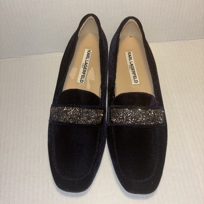 KARL LAGERFELD PARIS WOMENS SHOES SIZE 7 NAVY BLUE SUEDE RHINESTONES FLATS