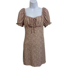 IRIS Floral Puff Sleeve Sweetheart Neckline Tie Front Mini Dress Boho Peasant M