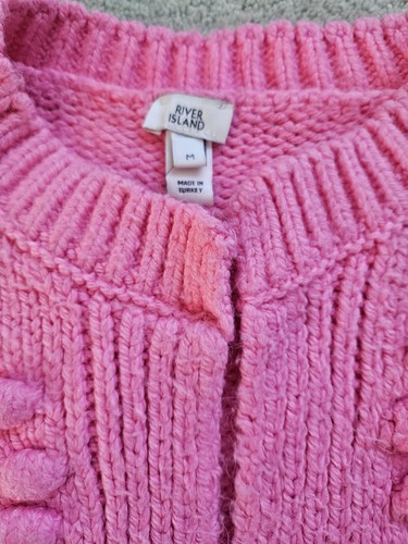 River Island Pink Embroidered Heart Bobble Chunky Knit Cardigan, Size M, 12-14 - Picture 3 of 5