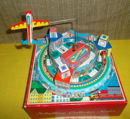 Vintage 1990s Plane Train Tin Toy Schylling San Francisco Tours Wind-Up Musical