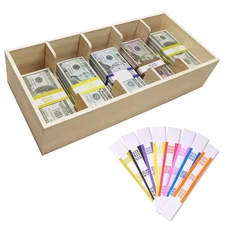 Wooden Currency Money Cash Tray With 300 Currency Wrappers, 5 Compartment Woo...