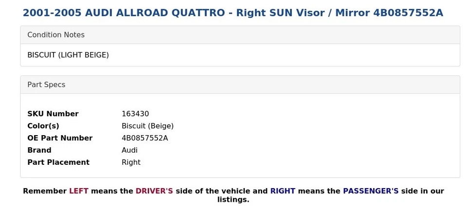 2001-2005 AUDI ALLROAD QUATTRO - Right SUN Visor / Mirror 4B0857552A - Image 4 of 4