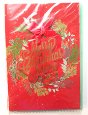 Greeting Card & Envelope Merry Christmas Mom Wreath Red Ribbon Pine Cones Voila