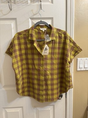 New Easel Mustard Gingham Plaid Cropped Button Shirt 100% Cotton SZ M