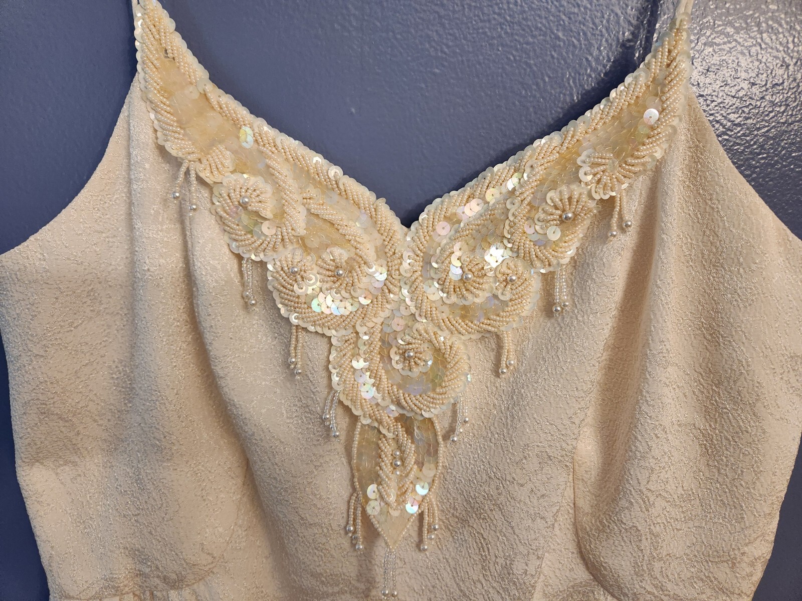 Vintage Dress Ursula of Switzerland Off White Beaded Sequin spaghetti strap 8P thumbnail 2