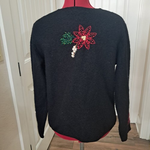 Coldwater Creek Poinsettia Christmas cardigan Sz M Sweater Embroidered Wool - Picture 4 of 8