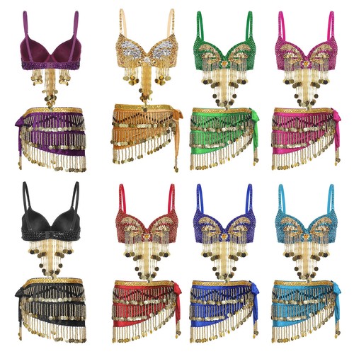 Women Belly Dance Dress 2Pcs Sequin Bra Top with Hip Scarf Set Carnival Costume - Picture 3 of 102