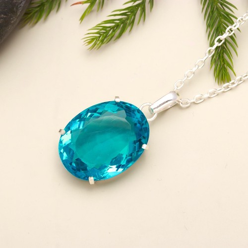 Natural Neon Apatite Oval Cut Shape Solid silver pendant 925 Gift For Her - Picture 3 of 4