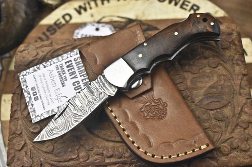 Ashen Edge Hot Item Twist Damascus Folding Knife Walnut Wood Back Lock Hunting - Picture 2 of 8